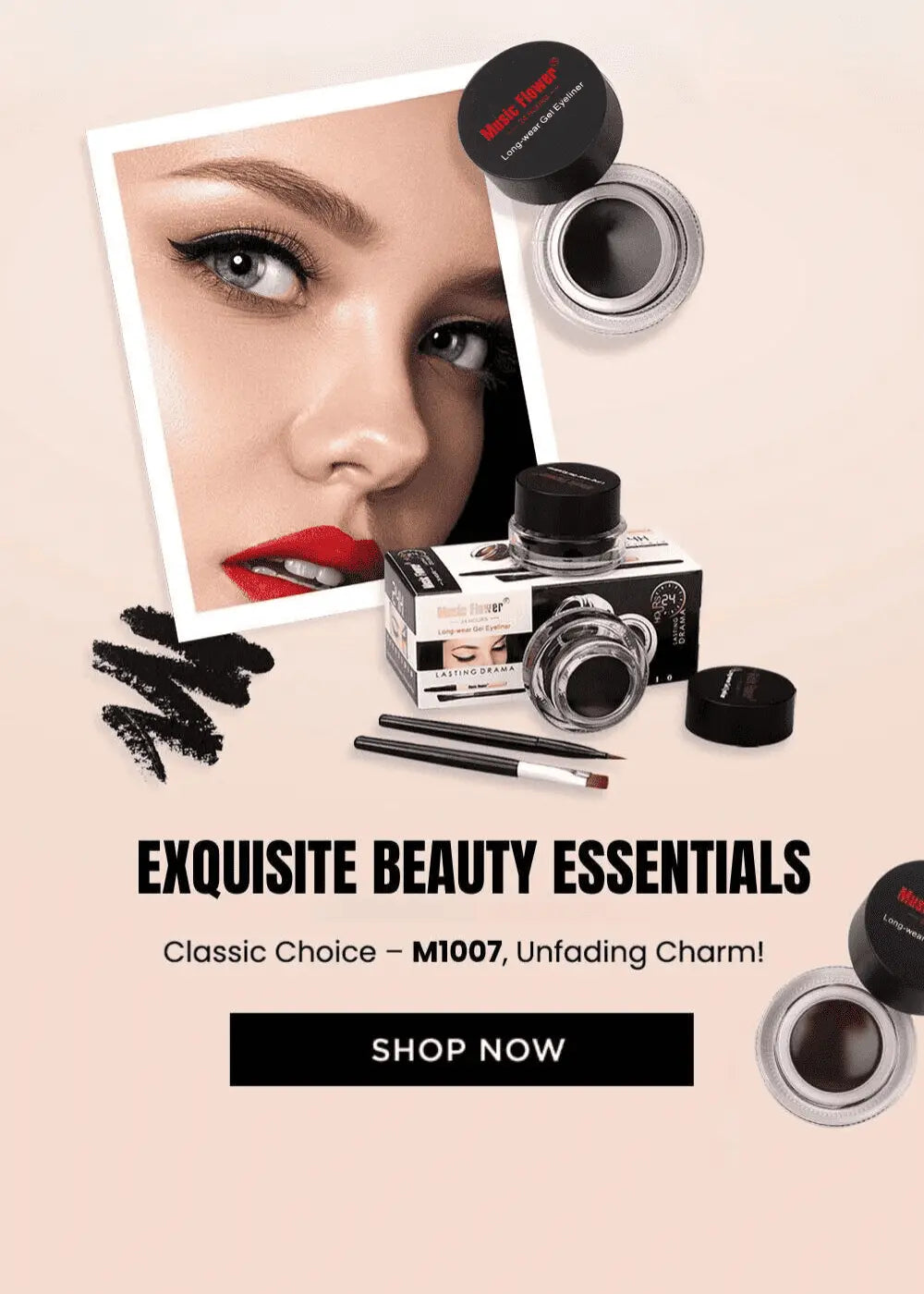 Exquisite beauty essentials featuring Music Flower gel eyeliner, model with winged eyeliner and red lipstick, classic choice M1007, unfading charm, shop now