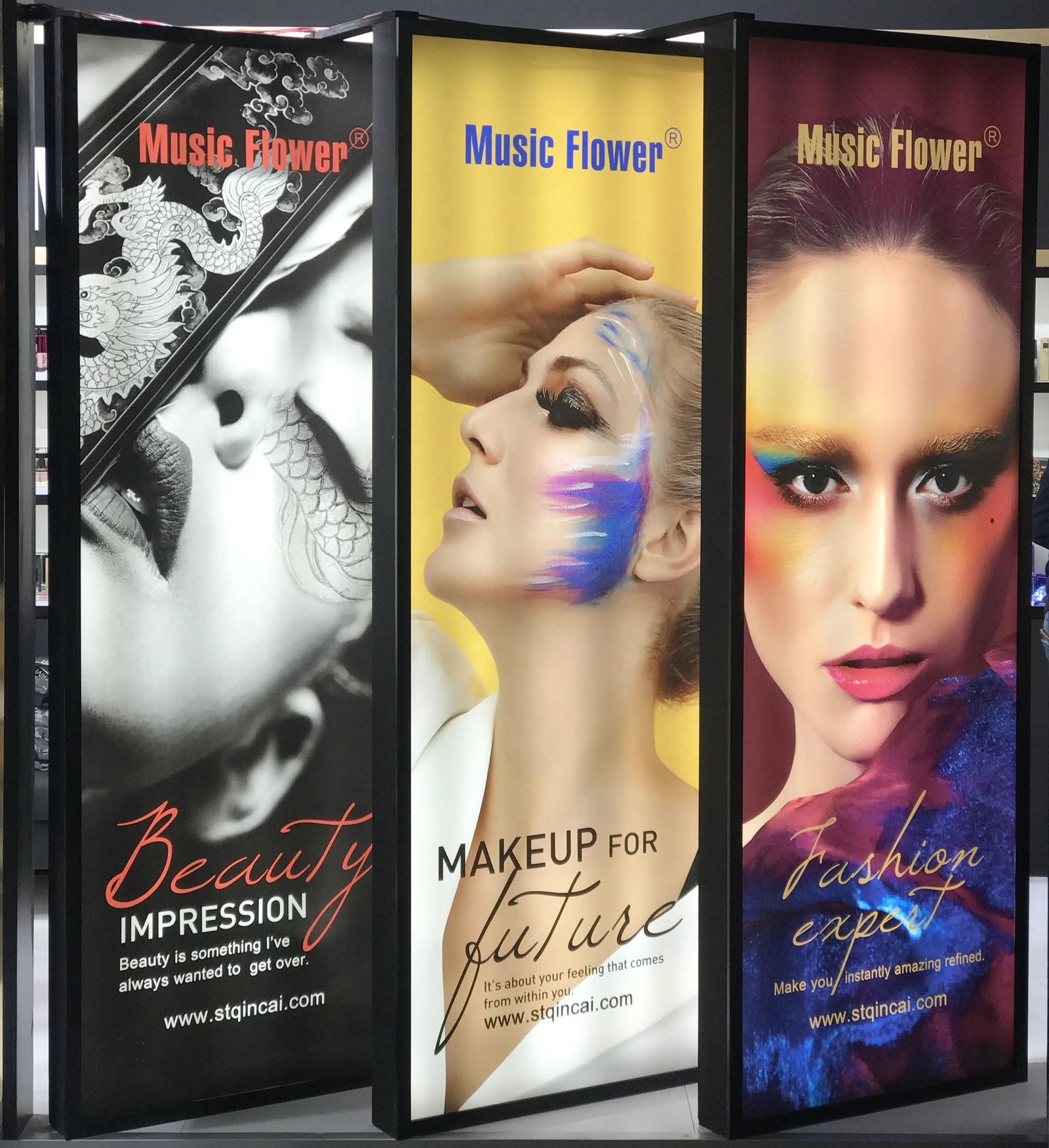 Three vertical banners displaying Music Flower makeup products: Beauty Impression with a black and white design, Makeup for Future with a colorful face painting, and Fashion Expert with vibrant makeup, showcasing different makeup styles.